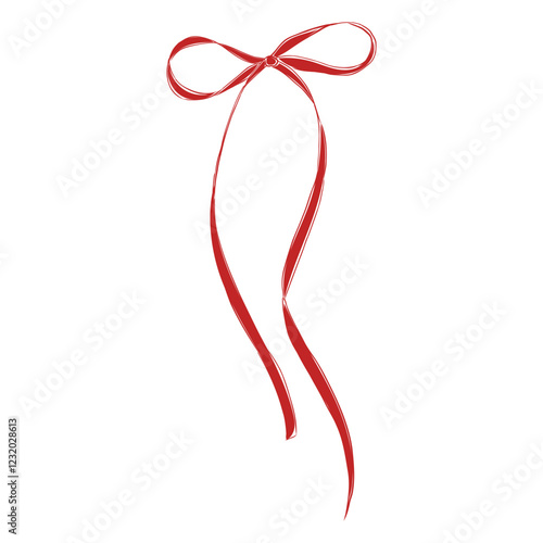 Elegant Satin Bow with Long Thin Ribbons – Hand-Drawn Minimalist Vector Illustration of a Delicate Flowing Ribbon in an Ornate Linear Style