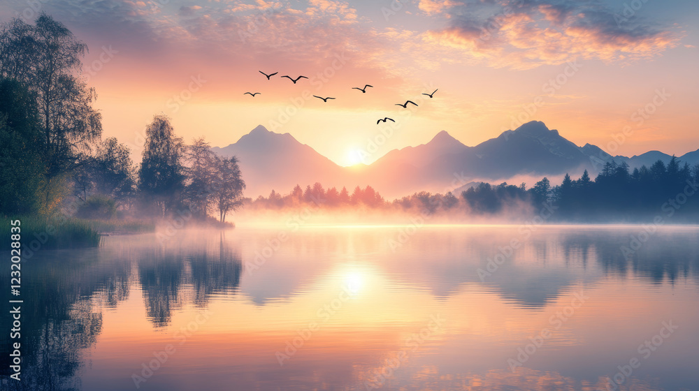 Obraz premium Sunrise landscape with lake, mountains and trees on coast. Vector cartoon illustration of nature scenery with coniferous forest on river shore, rocks, fog above water and birds in pink sky