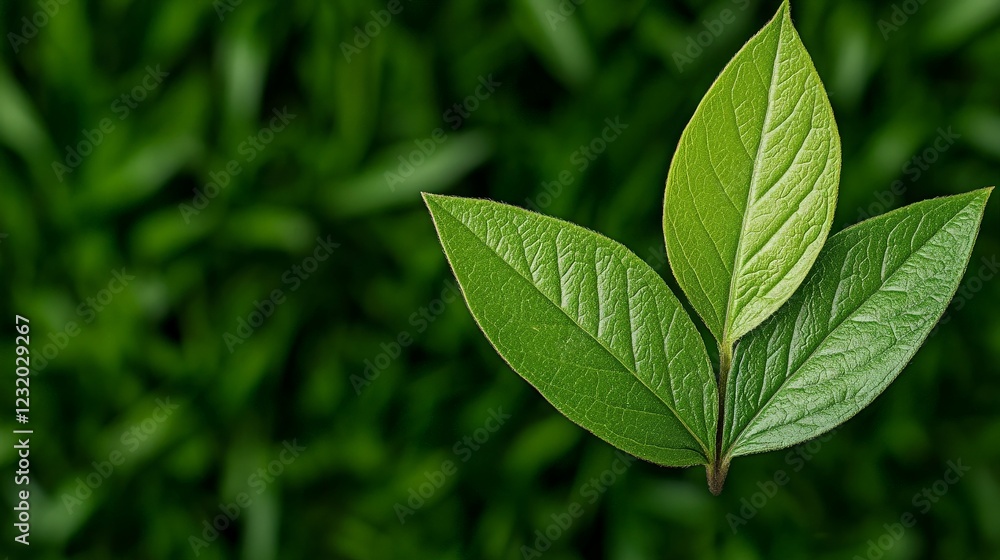 Green Leaves Closeup: Two vibrant green leaves sprout from a single stem, sharply focused against a softly blurred background of lush green foliage. Green Leaves Closeup: Two vibrant green leaves sprout from a single stem, sharply focused against a softly blurred background of lush green foliage.