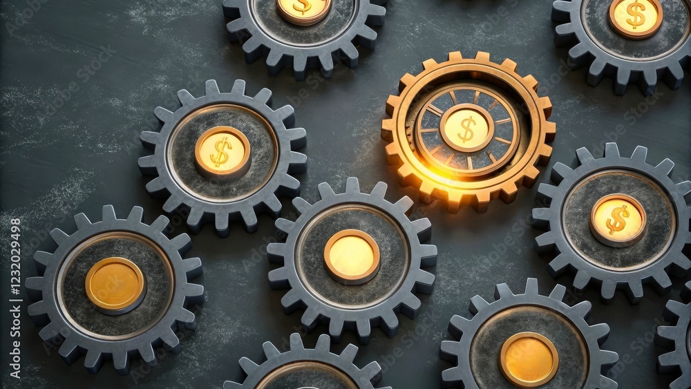 Money Mechanism Concept with Gears and Dollar Symbols Representing Financial Growth and Strategy Money Mechanism Concept with Gears and Dollar Symbols Representing Financial Growth and Strategy