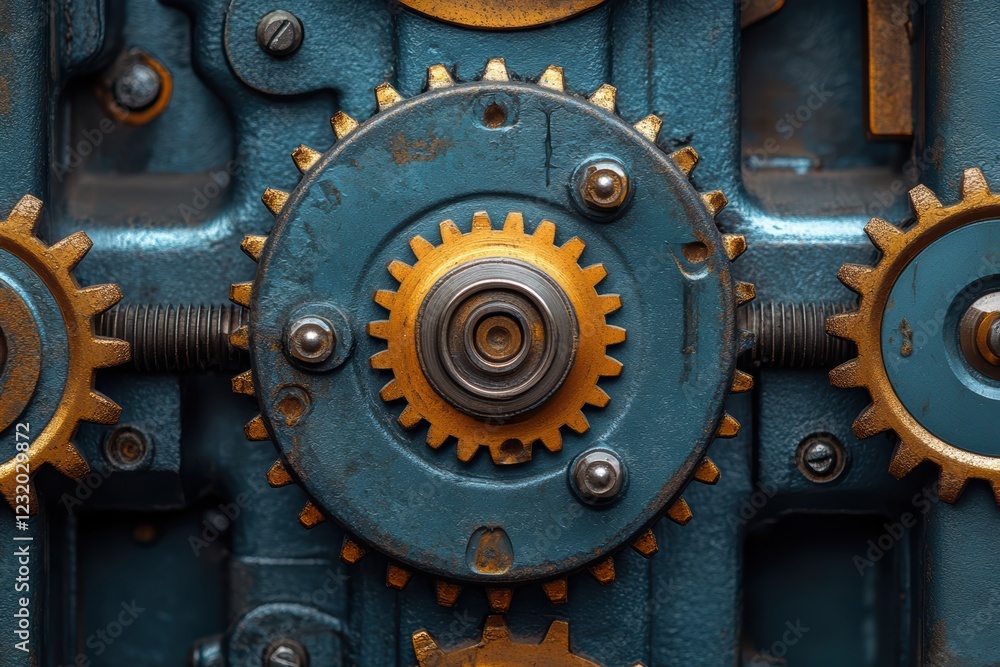 Close-up view of intricate metal gears, showcasing their complex mechanics and detailed craftsmanship Close-up view of intricate metal gears, showcasing their complex mechanics and detailed craftsmanship