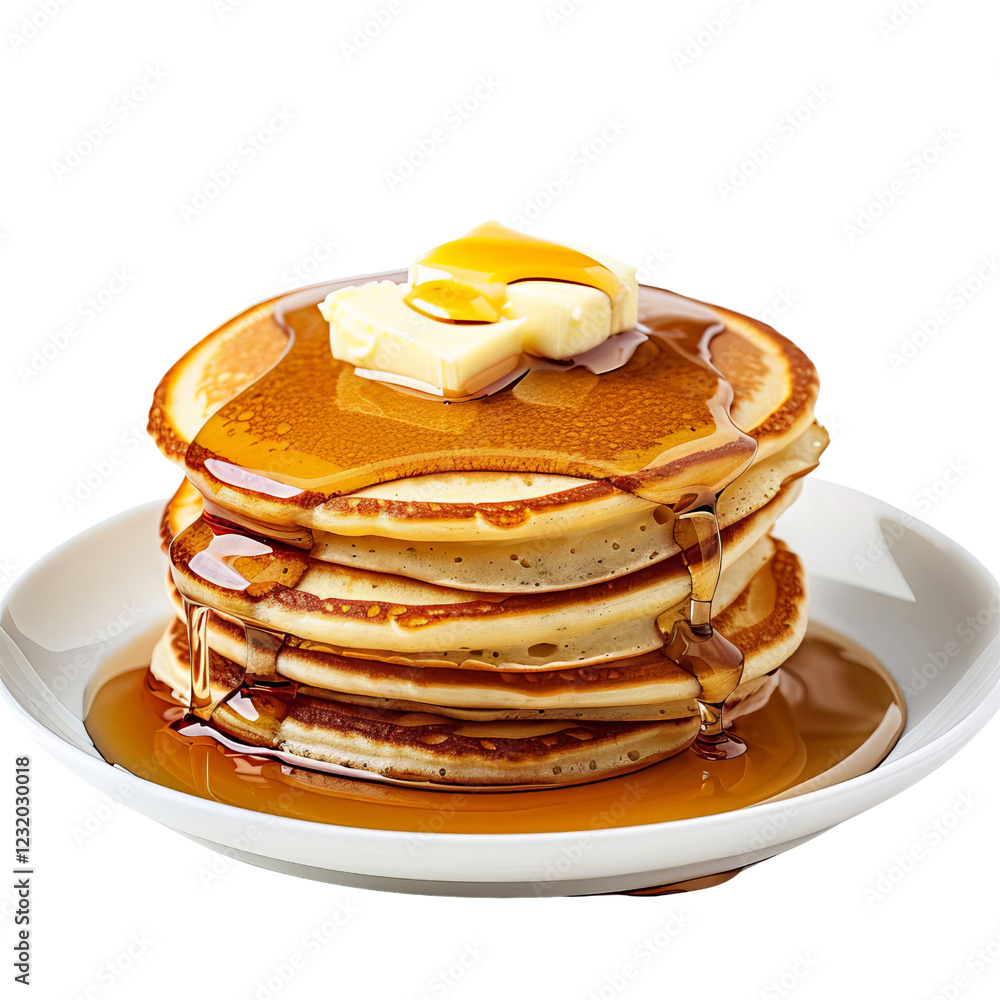 Stack of fluffy pancakes topped with butter and syrup on a white plate, perfect for a delicious breakfast or brunch. Stack of fluffy pancakes topped with butter and syrup on a white plate, perfect for a delicious breakfast or brunch.