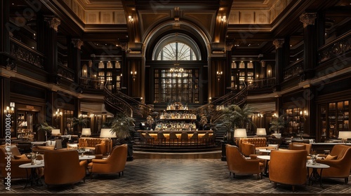 Wallpaper Mural Luxurious hotel lobby bar, grand staircase, city view Torontodigital.ca