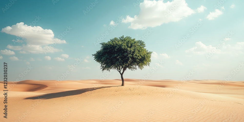 Lone tree in a serene desert landscape under a clear blue sky with fluffy clouds. Lone tree in a serene desert landscape under a clear blue sky with fluffy clouds.