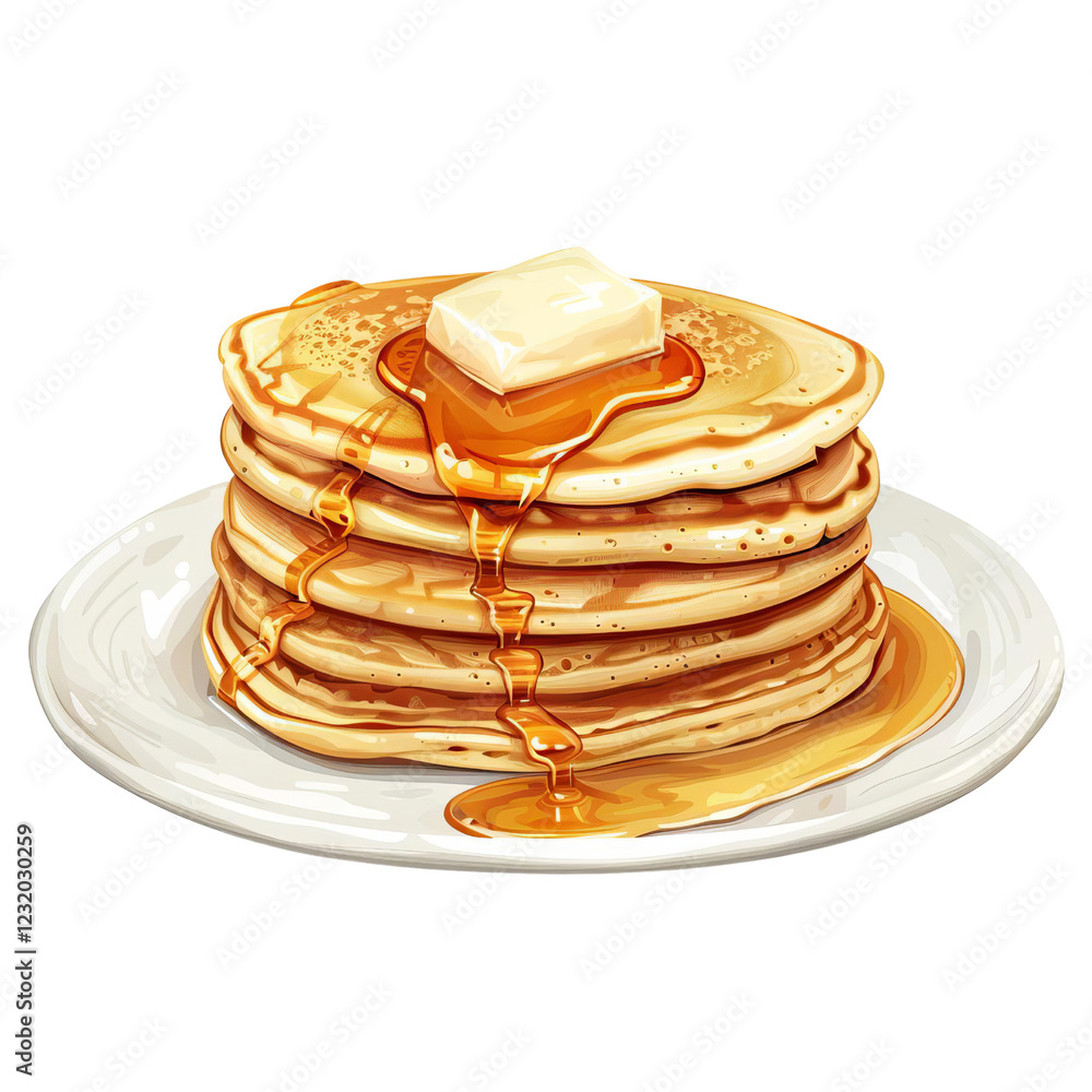 Stack of fluffy pancakes topped with melting butter and drizzled with maple syrup, served on a white plate. Perfect for breakfast or brunch. Stack of fluffy pancakes topped with melting butter and drizzled with maple syrup, served on a white plate. Perfect for breakfast or brunch.