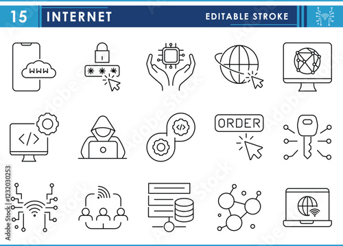 A set of line icons related to Internet. Wireless, shopping, hacker, network, server, programming, worldwide, and so on. Vector editable stroke.