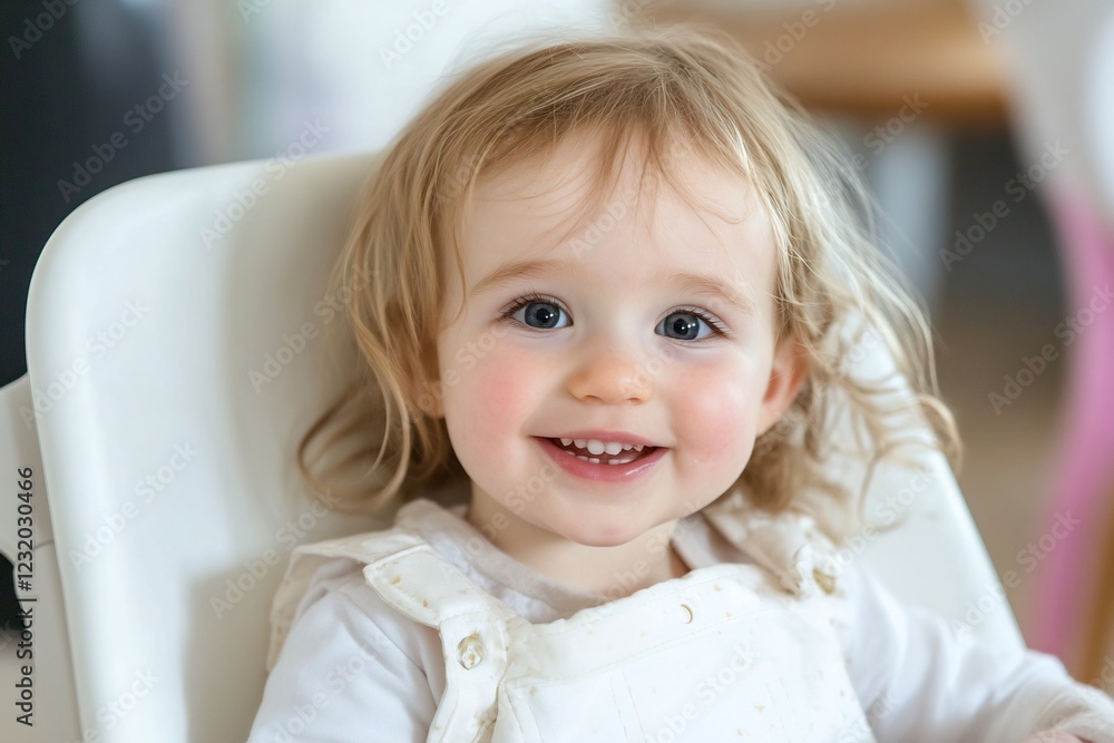 Happy toddler girl in highchair, smiling, indoor Happy toddler girl in highchair, smiling, indoor