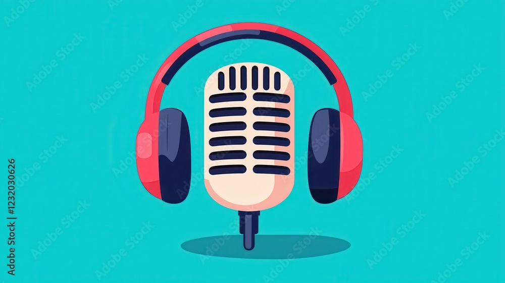 Fototapeta premium Retro Microphone with Red Headphones Podcast Audio Recording Music Streaming Concept Illustration