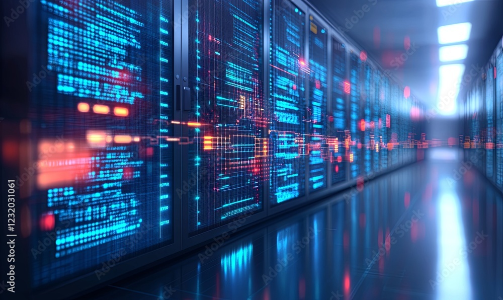 Server room with active data transfer, glowing screens, reflecting floor, tech background Server room with active data transfer, glowing screens, reflecting floor, tech background