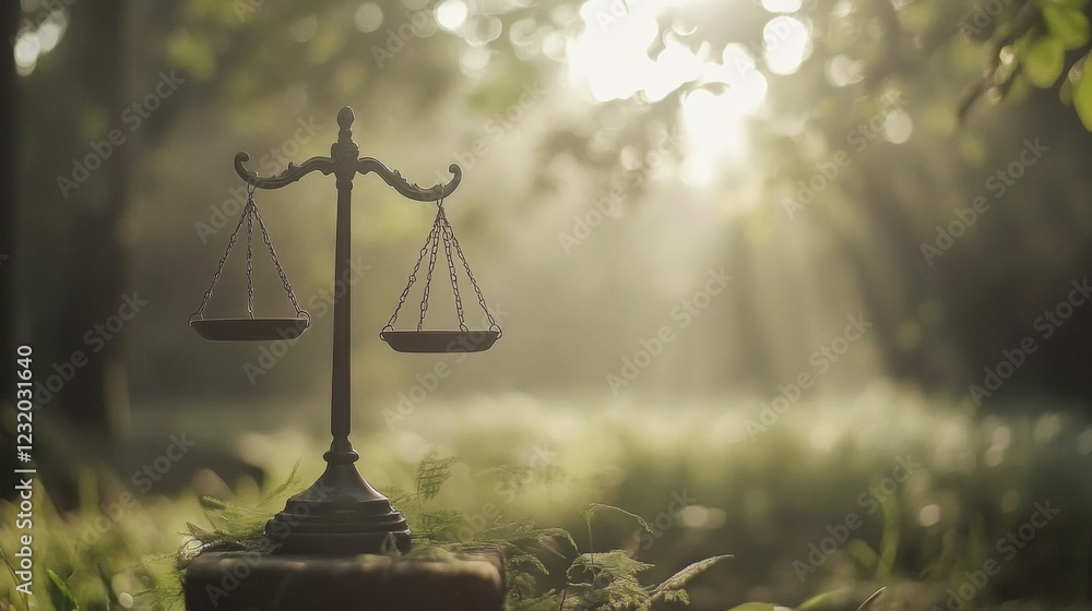 Scales of justice in a sunlit forest.