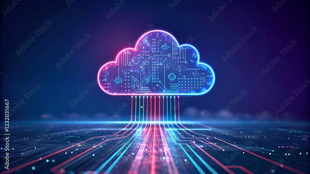 Futuristic Cloud Computing Concept with Neon Circuit Patterns and Data Flow Futuristic Cloud Computing Concept with Neon Circuit Patterns and Data Flow