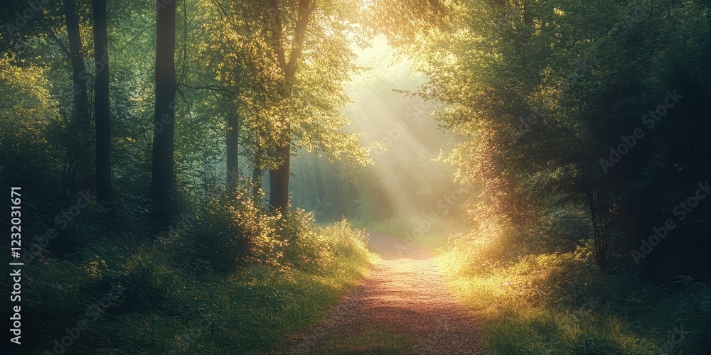 Obraz premium Serene forest pathway illuminated by soft rays of sunlight through lush green trees.