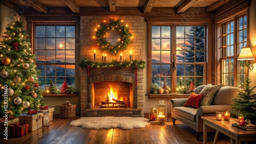 Wallpaper Mural Cozy Christmas cottage with a warm fireplace and decorated windows, crackling fire, festive windows, log cabin, frozen lake Torontodigital.ca