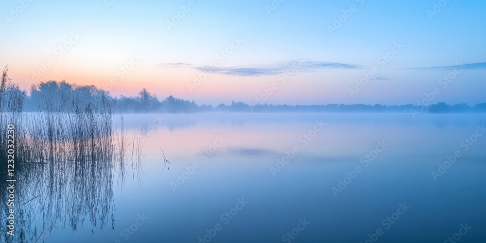 Fototapeta premium Serene morning landscape with mist over a calm lake and soft pastel colors in the sky.