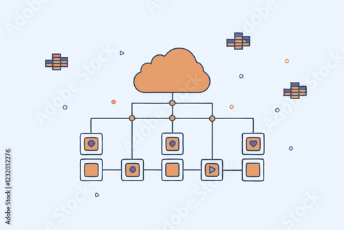 Digital informational technology web futuristic hologram with cloud icon, blue golden light digits and code background, cloud computing. Abstract Motion of digital data flow. 