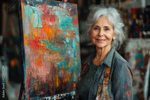 An elderly artist smiles beside her colorful abstract painting in a vibrant studio filled with artistic expressions and creative energy. photo