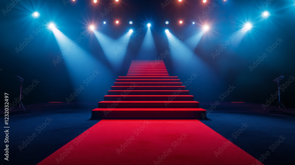 Red carpet on the podium with steps. Illuminated by spotlights. Stock vector illustration