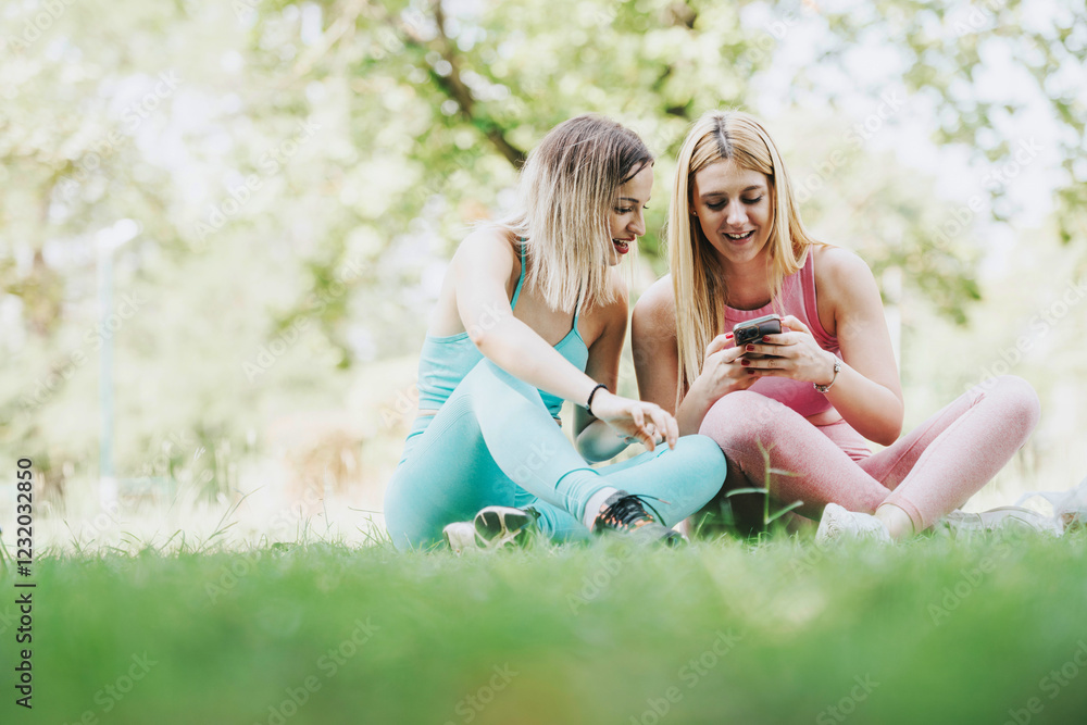 Two friends in active wear sit on grass in a park, engaging with a smart phone. A moment of connection and leisure outdoors. Two friends in active wear sit on grass in a park, engaging with a smart phone. A moment of connection and leisure outdoors.