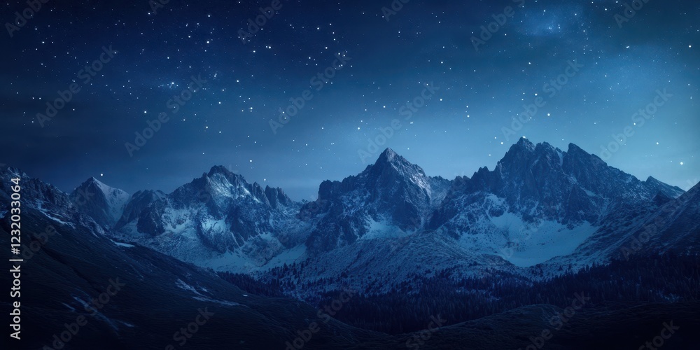 Obraz premium Stunning mountain landscape at night under a starry sky with serene beauty.