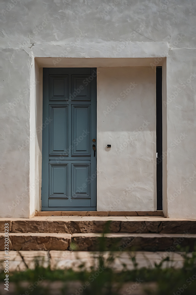 A serene blue door on a whitewashed building, steps leading to the entrance. Architectural details and tranquil outdoor setting. A serene blue door on a whitewashed building, steps leading to the entrance. Architectural details and tranquil outdoor setting.