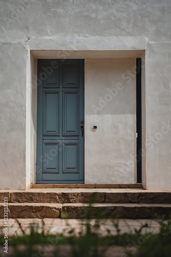 A serene blue door on a whitewashed building  steps leading to the entrance. Architectural details and tranquil outdoor setting.