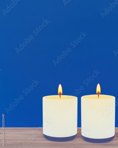 Wallpaper Mural Two Warm Candles on Wooden Surface Against Bold Blue Background Torontodigital.ca