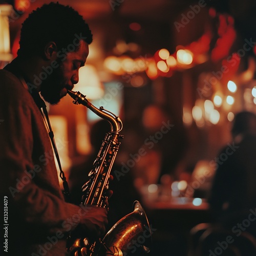 Saxophonist plays jazz club, dimly lit, audience blurred