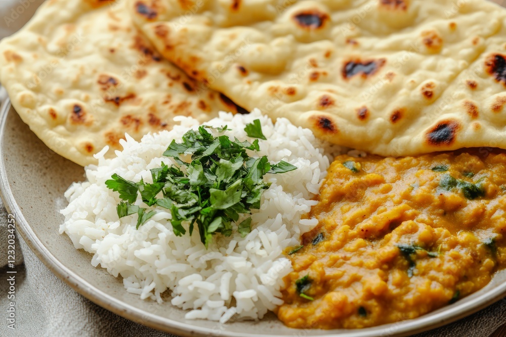 A close-up of a thali plate with rice, dal, curries, and naan bread A close-up of a thali plate with rice, dal, curries, and naan bread