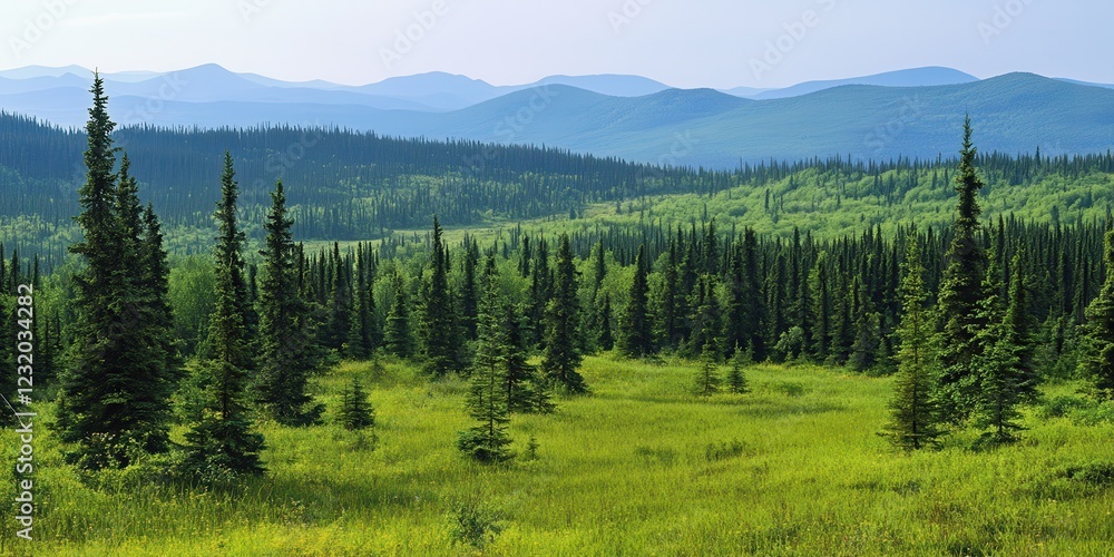 Vibrant green forest landscape with distant mountains under a clear sky. Vibrant green forest landscape with distant mountains under a clear sky.