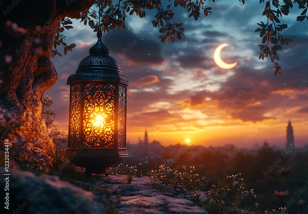 Fototapeta premium Illuminated Lantern Hanging by Tree at Dusk with Crescent Moon and Cityscape