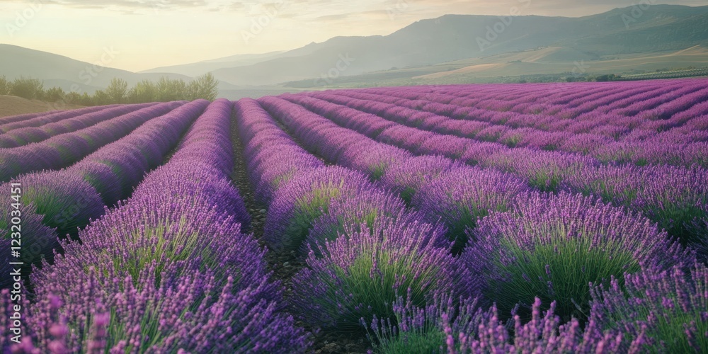 Fototapeta premium Vibrant lavender field under a soft, glowing sky at sunrise, showcasing nature's beauty.