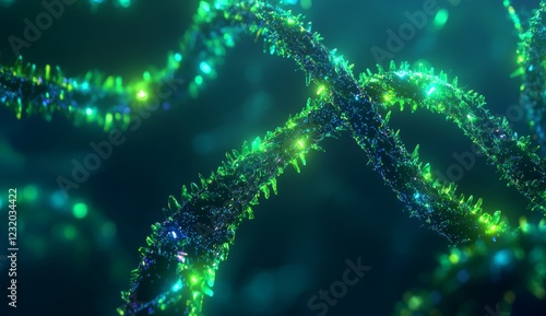 Glowing teal DNA strands with crystalline texture. photo