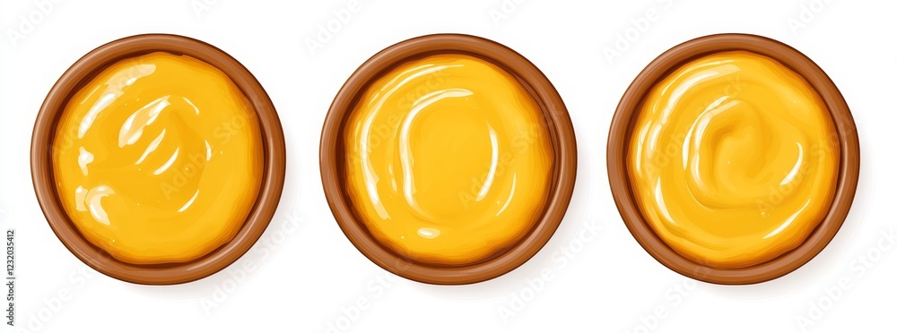 Three bowls of creamy yellow sauce, isolated on white background. Three bowls of creamy yellow sauce, isolated on white background.