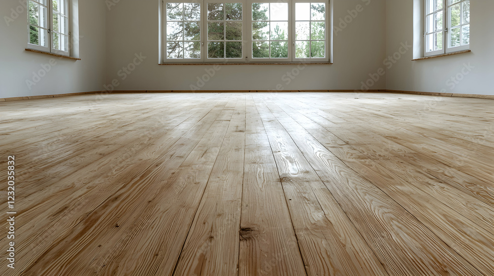 Empty room, wooden floor, large windows, natural light, home renovation Empty room, wooden floor, large windows, natural light, home renovation