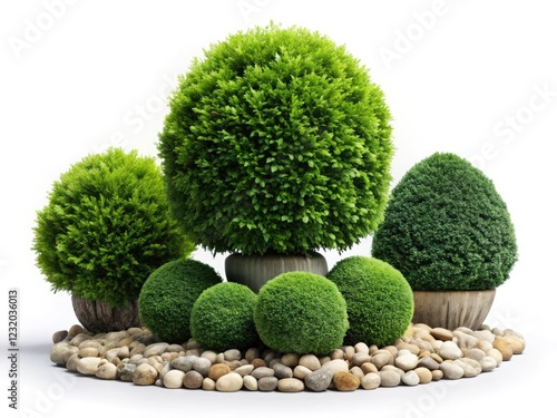 Vintage photo: perfectly formed boxwood, cypress, and juniper shrubs, nestled amongst stone pebbles, isolated on white. photo