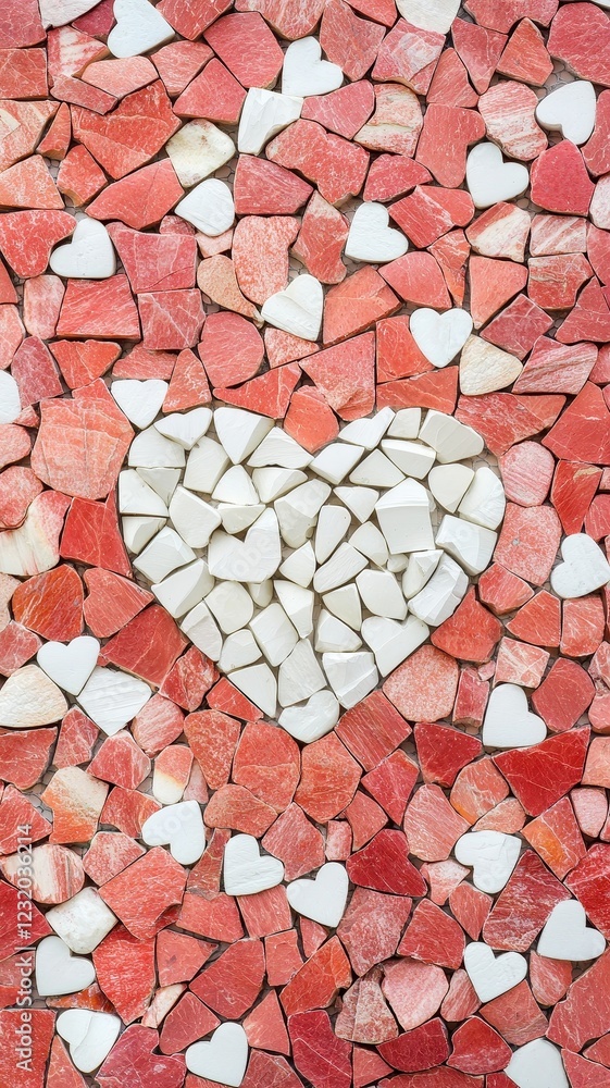 Obraz premium Romantic Red and White Stone Mosaic Heart Pattern Valentine s Day Texture Background