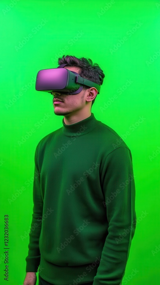 Young Man Experiencing Virtual Reality with Headset against Green Screen Young Man Experiencing Virtual Reality with Headset against Green Screen