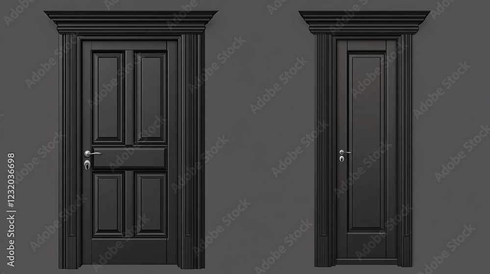 3d open and close house or office front door frame. Realistic black ajar doorframe with handle asset lock and welcome. Closed wooden exit for opportunity elements. Dark shut way to living room design 3d open and close house or office front door frame. Realistic black ajar doorframe with handle asset lock and welcome. Closed wooden exit for opportunity elements. Dark shut way to living room design