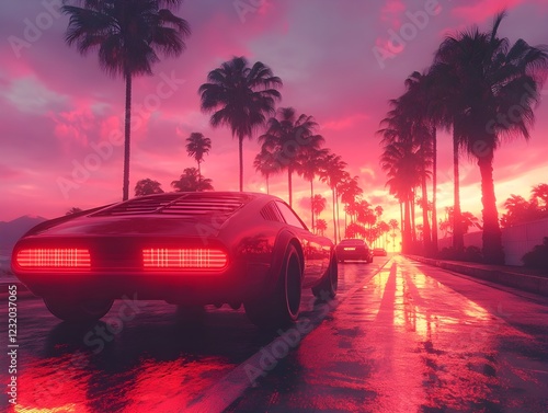 A retro-futuristic scene with neon grids, vintage cars, palm trees, and sunset hues. Features CRT glitch effects and VHS-style artifacts photo