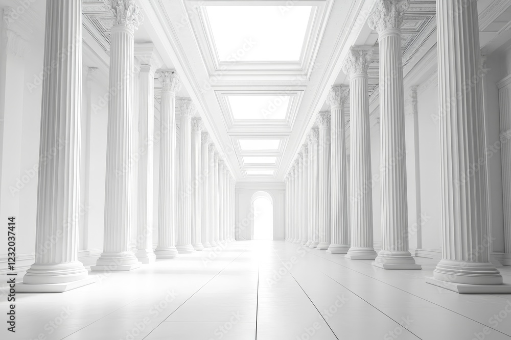 White classical colonnade interior, long perspective, bright light. White classical colonnade interior, long perspective, bright light.