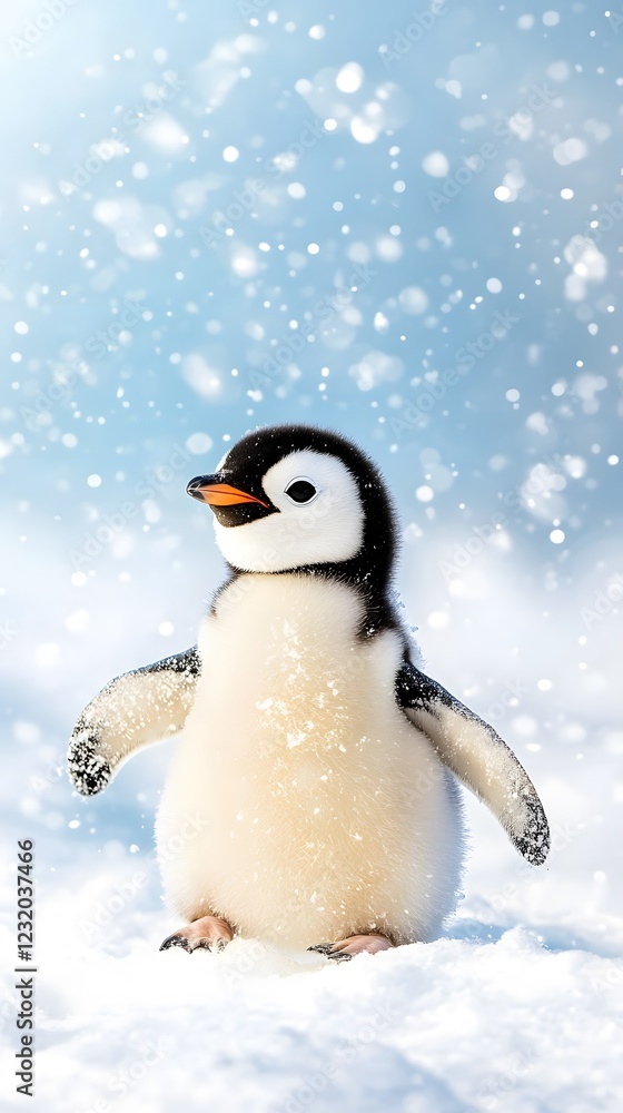 Cute Penguin Chick Standing on Snowy Ground with Soft Flurries in a Gentle Winter Wonderland Background Cute Penguin Chick Standing on Snowy Ground with Soft Flurries in a Gentle Winter Wonderland Background