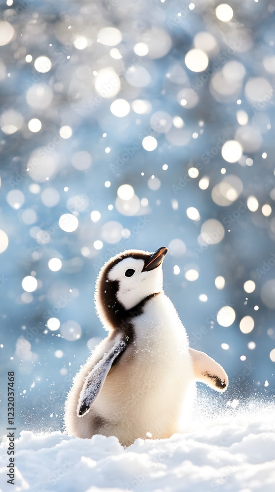 Fototapeta premium Adorable penguin chick standing playfully in soft snow with sparkling winter background and cheerful expression