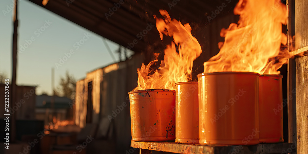 Obraz premium Burning Orange Buckets in Outdoor Setting