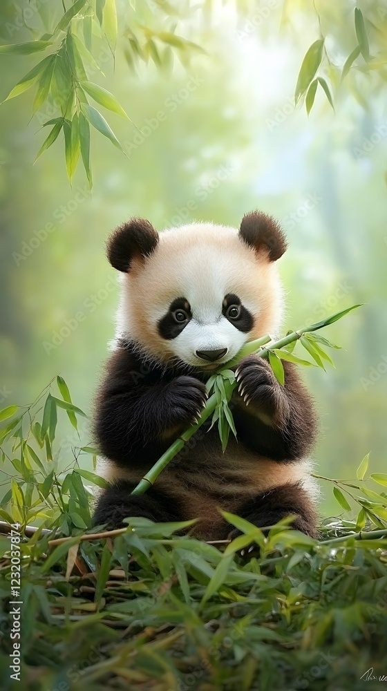 Adorable baby panda enjoying bamboo in a serene and lush green environment surrounded by nature Adorable baby panda enjoying bamboo in a serene and lush green environment surrounded by nature