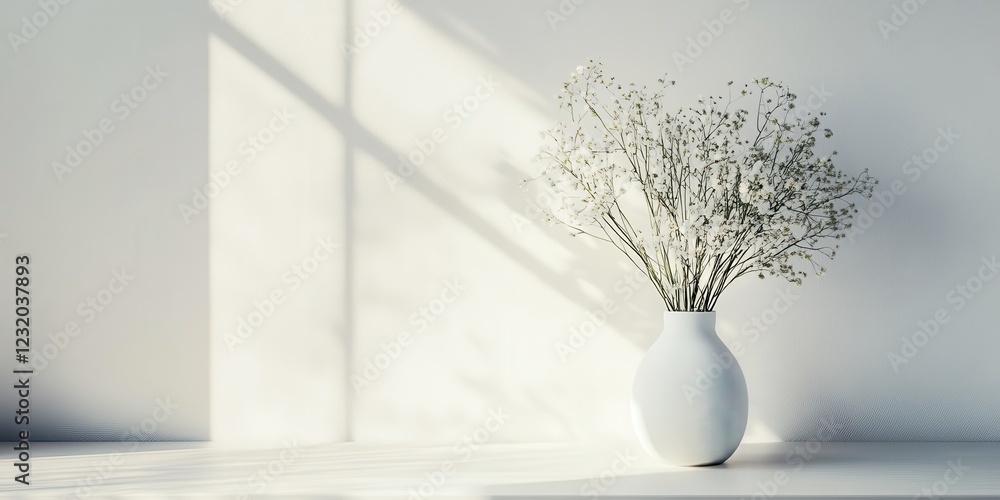 A minimalist vase with delicate flowers casting shadows in soft light. A minimalist vase with delicate flowers casting shadows in soft light.