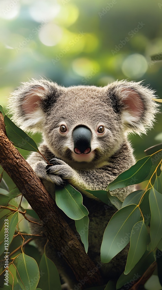 Fototapeta premium Adorable koala perched on a tree branch surrounded by lush green leaves in a tranquil forest setting