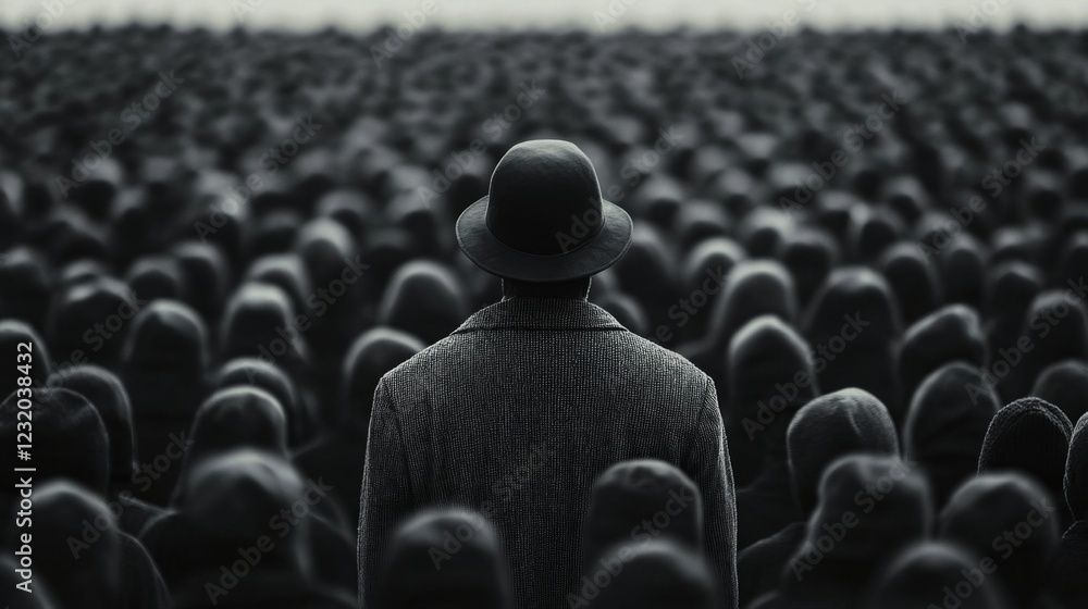 Obraz premium A lone figure in a bowler hat stands amidst a sea of hooded individuals.
