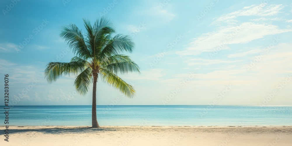 A serene beach scene featuring a tall palm tree against a clear blue sky and calm ocean. A serene beach scene featuring a tall palm tree against a clear blue sky and calm ocean.