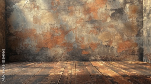 Grungy interior with textured walls and wooden floor, perfect for artistic photography or background imagery.