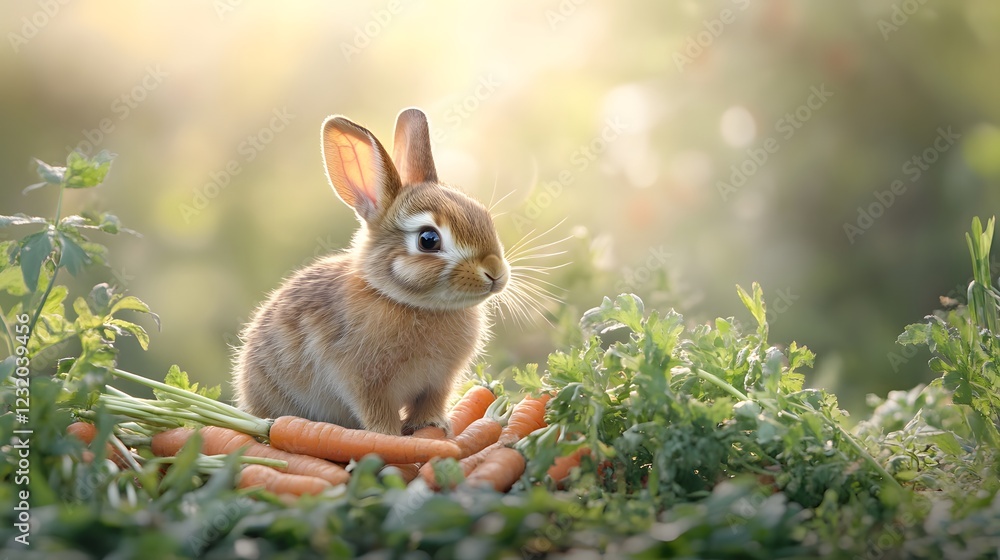 Fototapeta premium Cute young rabbit sitting among fresh carrots in a beautiful, sunny garden with soft bokeh background